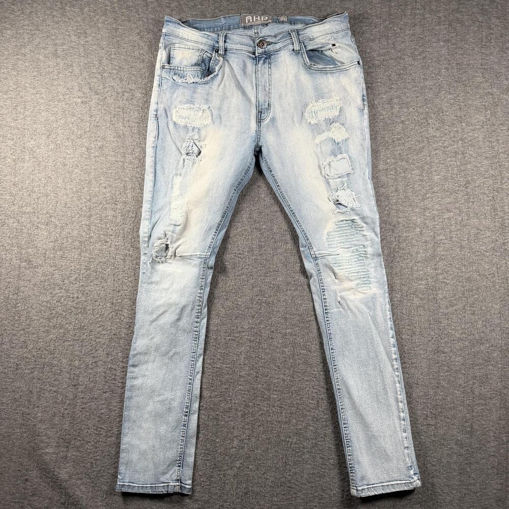 Another Hype Piece Jeans Mens 36x34 Light Wash Blue Skinny Distressed Stretch